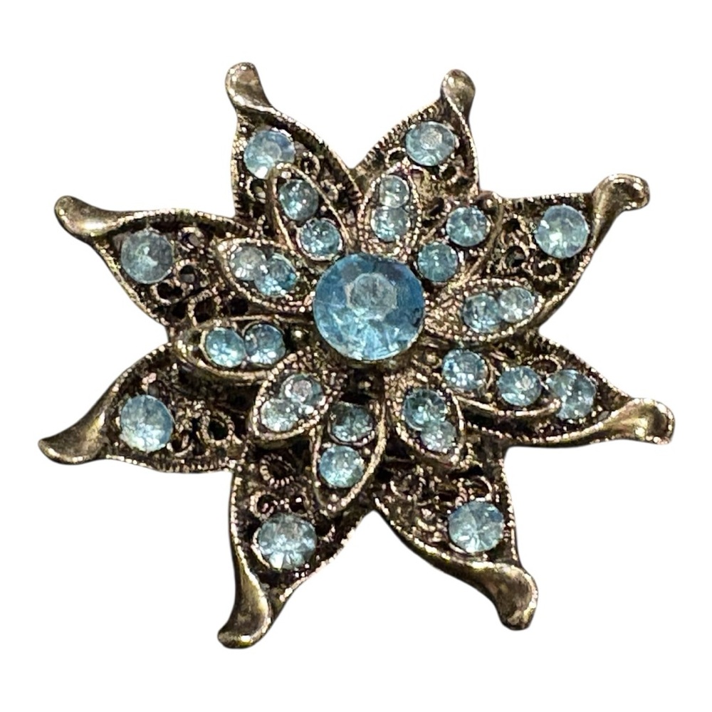 Vintage Style Filigree Starburst Brooch Blue Rhinestone Floral Pin J13